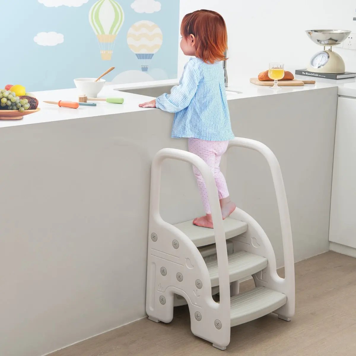 NNECW Three-Step Stool with Safety Handles and Non-slip Pedals for Toddlers-Grey NNECW