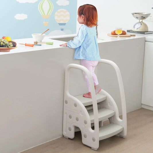 NNECW Three-Step Stool with Safety Handles and Non-slip Pedals for Toddlers-Grey NNECW