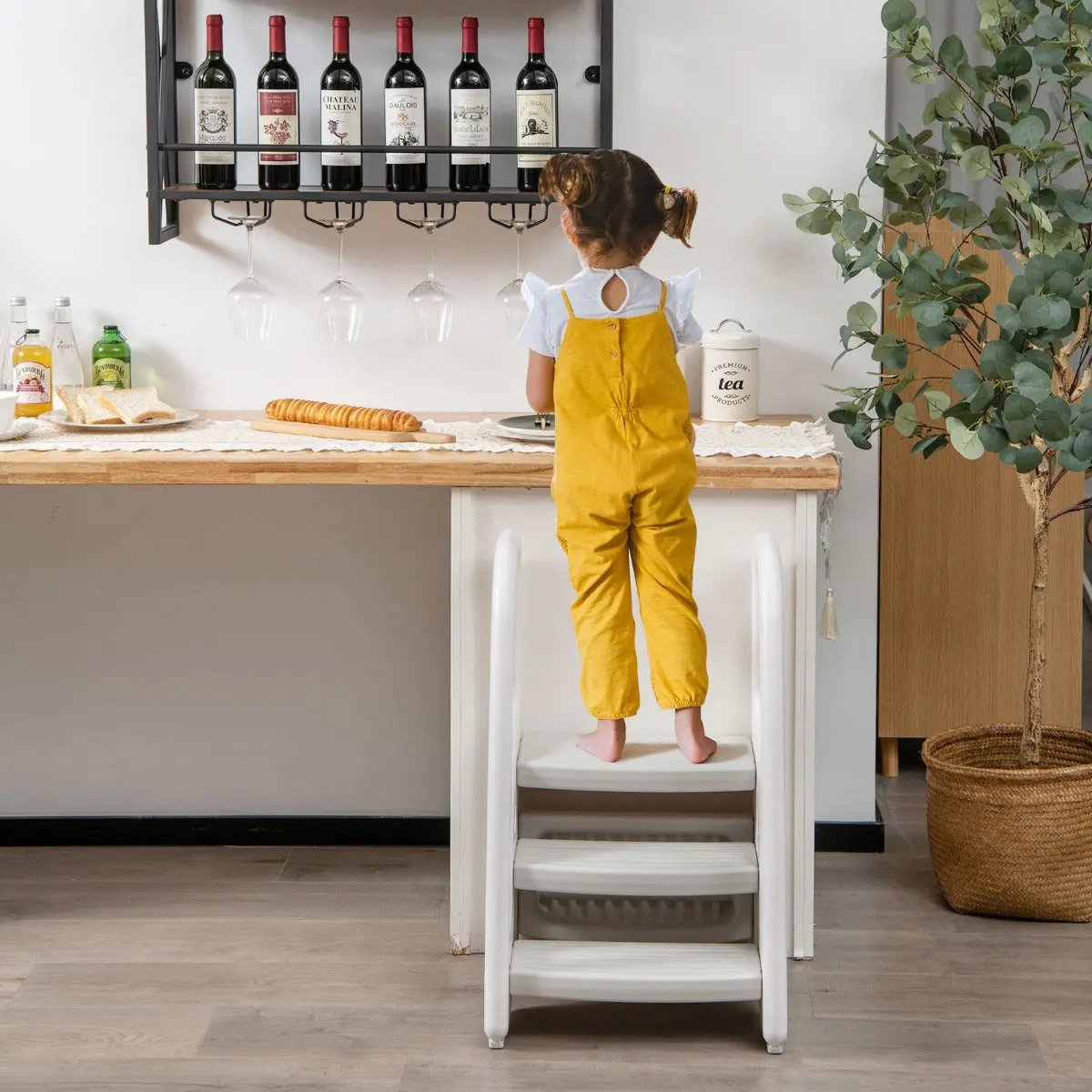 NNECW Three-Step Stool with Safety Handles and Non-slip Pedals for Toddlers-Grey NNECW