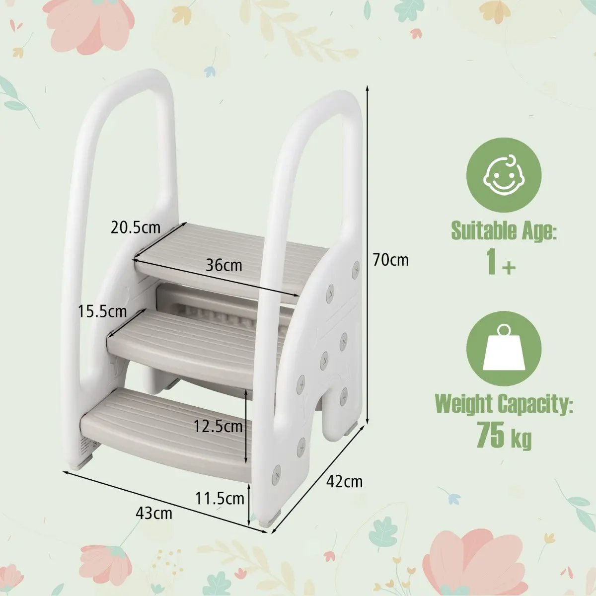 NNECW Three-Step Stool with Safety Handles and Non-slip Pedals for Toddlers-Grey NNECW