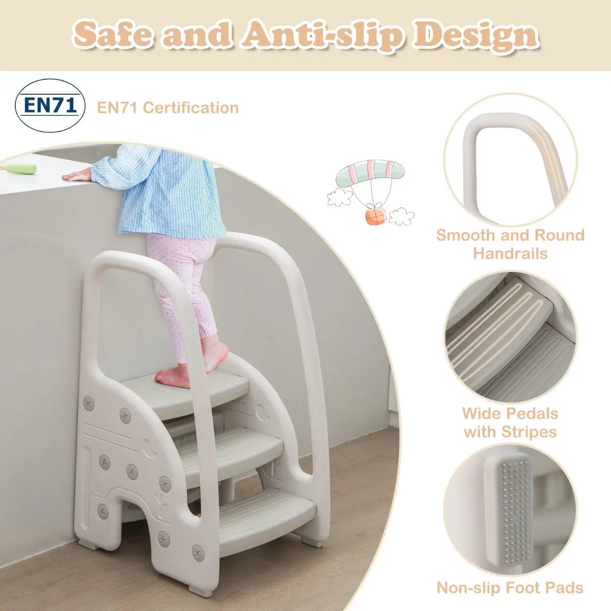 NNECW Three-Step Stool with Safety Handles and Non-slip Pedals for Toddlers-Grey NNECW