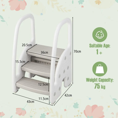 NNECW Three-Step Stool with Safety Handles and Non-slip Pedals for Toddlers-Grey NNECW