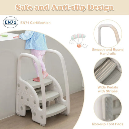 NNECW Three-Step Stool with Safety Handles and Non-slip Pedals for Toddlers-Grey NNECW